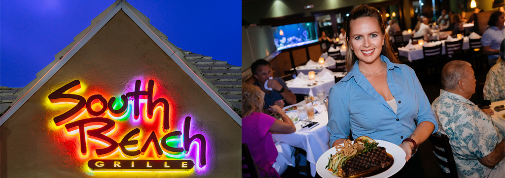 South-Beach-Grille-Fort-Myers-Beach-FL-Restaurant- Home Page Header-Server with steak dinner and outside signage
